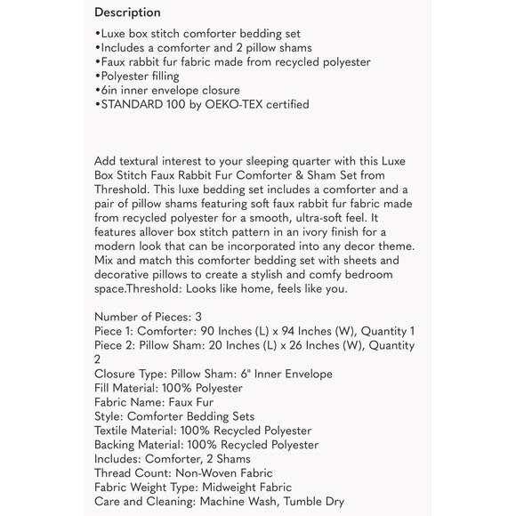 Queen Box Stitch Faux Fur Comforter and Sham Set Ivory - Threshold NEW - Picture 6 of 6